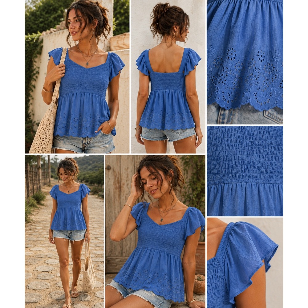 Cleo + Wolf Womens Small Blue Smocked Babydoll Top Eyelet Flutter Sleeve Boho